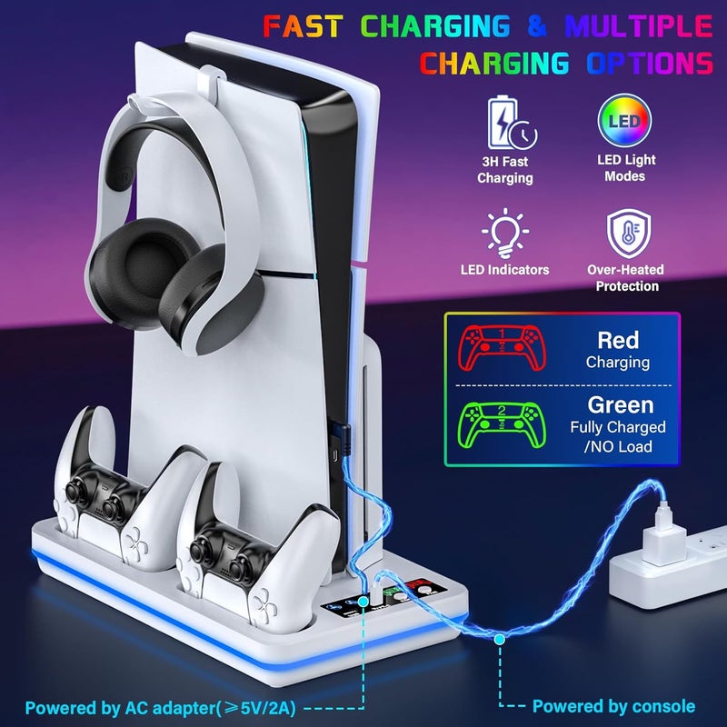 DBEPANK for PS5/PS5 Slim/PS5 Pro Stand and Cooling Station with Controller Charging Station for PlayStation 5 Slim&Standard Disc/Digital Console, 10 Light for PS5 Cooler Accessories Incl 3 Levels Cooling Fan - Image 2
